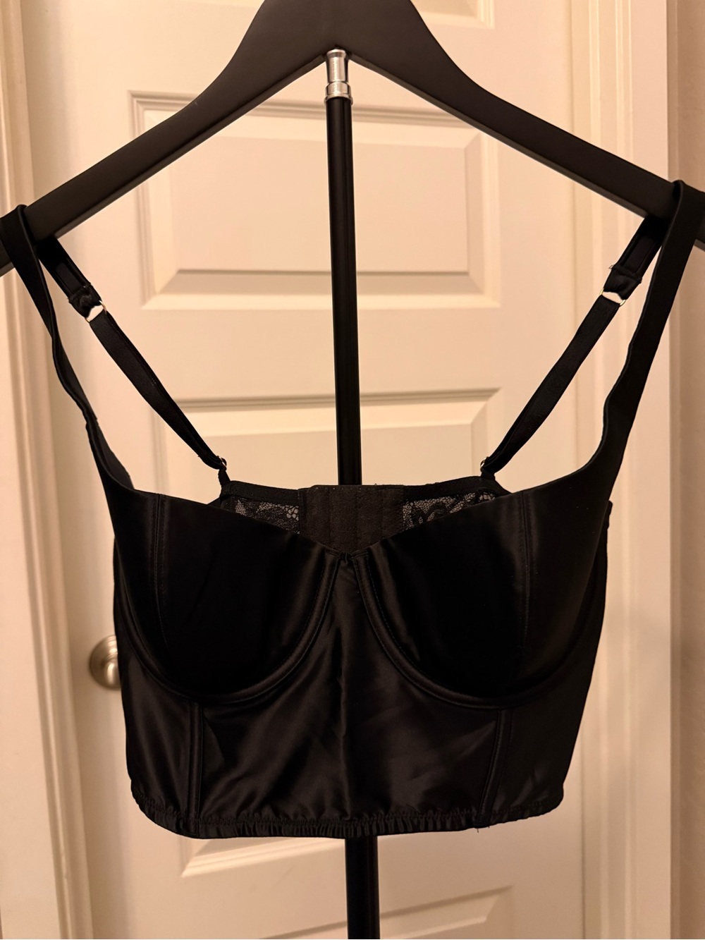 Victoria's Secret Black Satin Longline Bra Top with Lace Panel